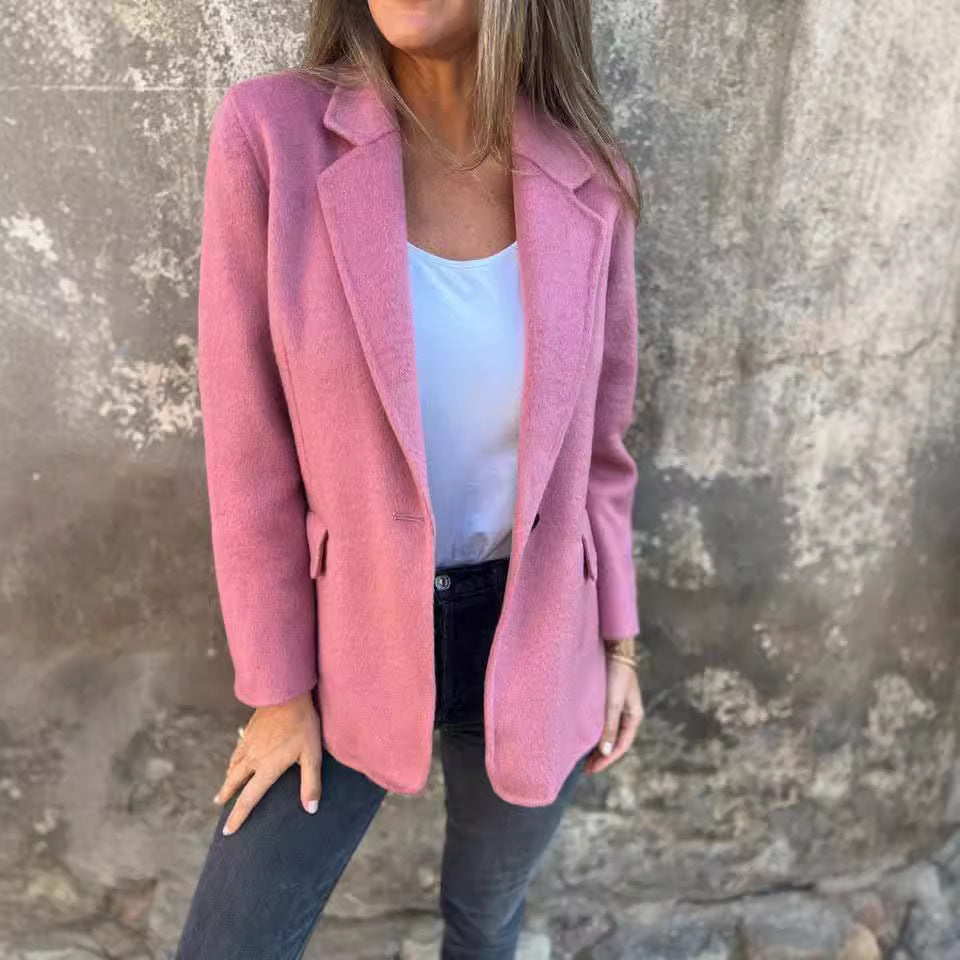 Women’s Short Button Blazer – Winter Lapel Commuter Jacket