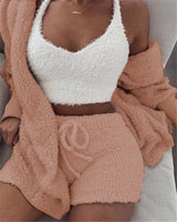 Women’s 3-Piece Lounge & Sleepwear Set – Long Sleeve Crop Top + Shorts