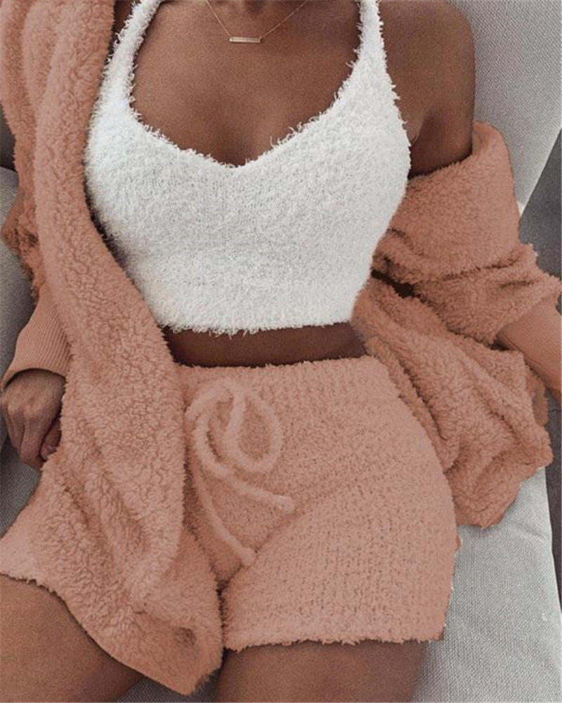 Women’s 3-Piece Lounge & Sleepwear Set – Long Sleeve Crop Top + Shorts
