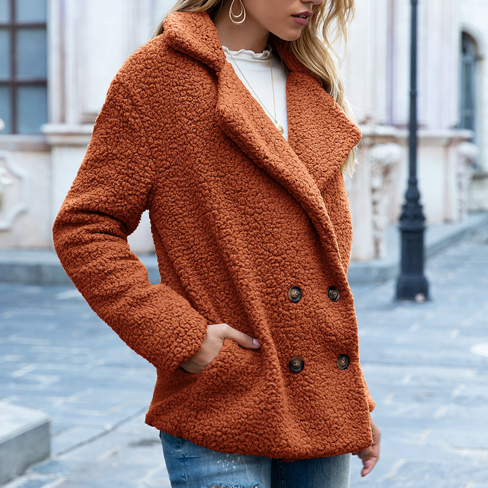 Women’s Fluffy Lapel Coat – Loose Winter Button Jacket