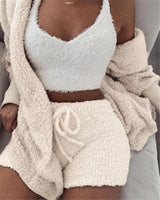 Women’s 3-Piece Lounge & Sleepwear Set – Long Sleeve Crop Top + Shorts