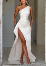 Elegant Summer Satin Dress – One-Shoulder Backless Slit Design