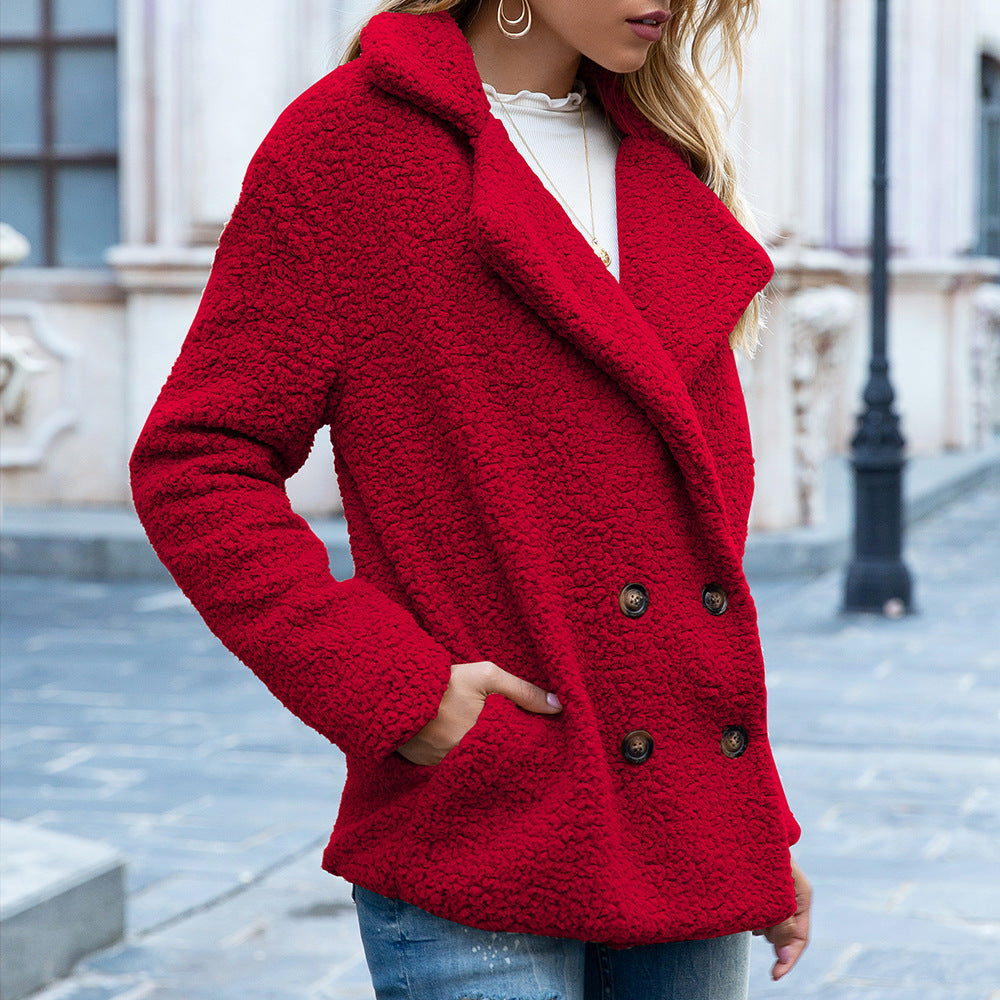 Women’s Fluffy Lapel Coat – Loose Winter Button Jacket
