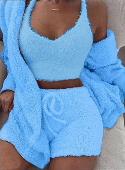 Women’s 3-Piece Lounge & Sleepwear Set – Long Sleeve Crop Top + Shorts