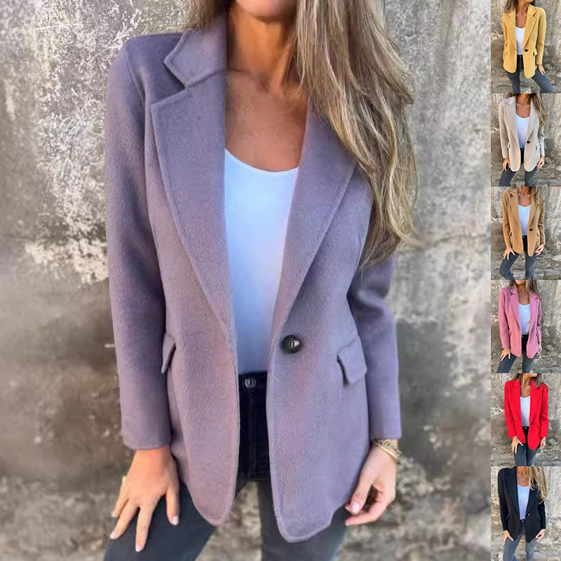 Women’s Short Button Blazer – Winter Lapel Commuter Jacket