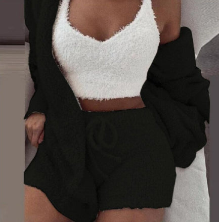 Women’s 3-Piece Lounge & Sleepwear Set – Long Sleeve Crop Top + Shorts