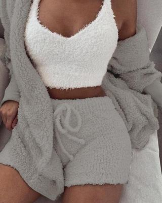 Women’s 3-Piece Lounge & Sleepwear Set – Long Sleeve Crop Top + Shorts