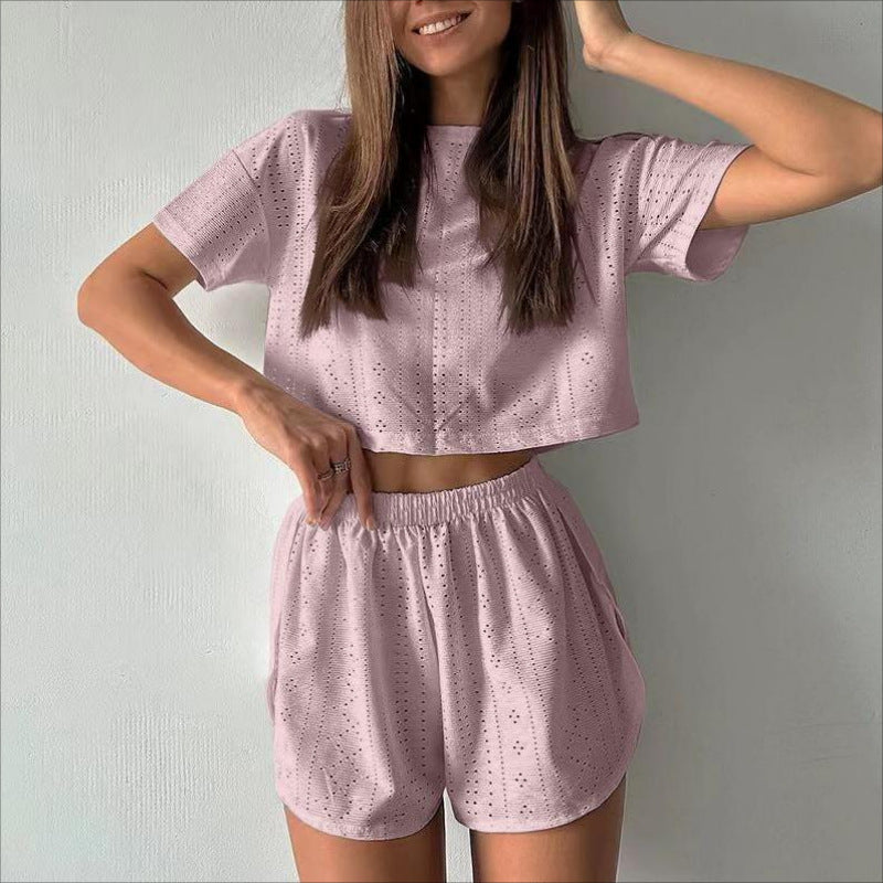 2-Piece Women’s Summer Set – Hollow Crop Top & Slit Elastic Shorts