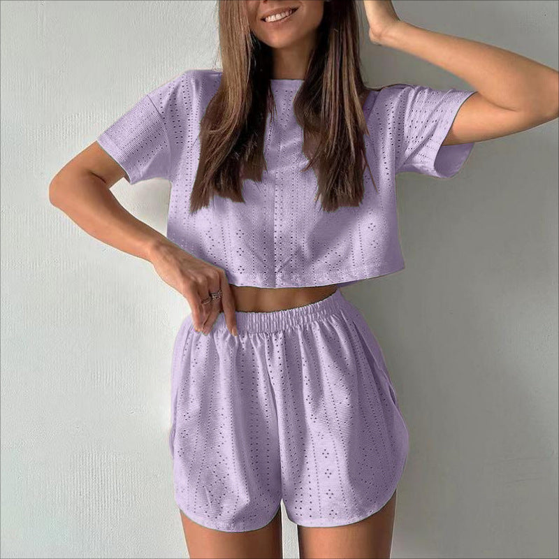 2-Piece Women’s Summer Set – Hollow Crop Top & Slit Elastic Shorts