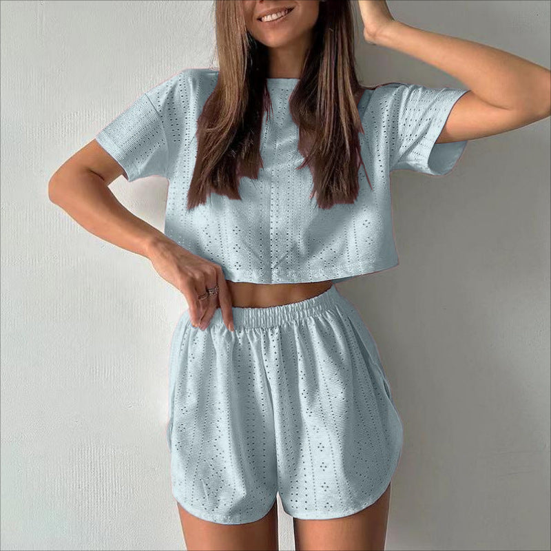 2-Piece Women’s Summer Set – Hollow Crop Top & Slit Elastic Shorts
