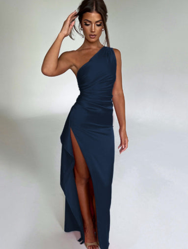 Elegant Summer Satin Dress – One-Shoulder Backless Slit Design
