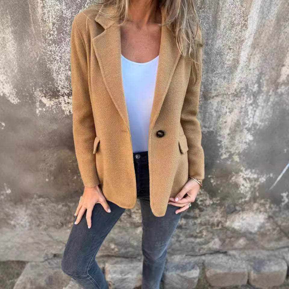 Women’s Short Button Blazer – Winter Lapel Commuter Jacket