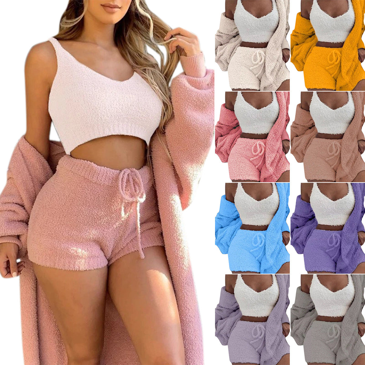 Women’s 3-Piece Lounge & Sleepwear Set – Long Sleeve Crop Top + Shorts