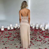 Elegant Summer Satin Dress – One-Shoulder Backless Slit Design
