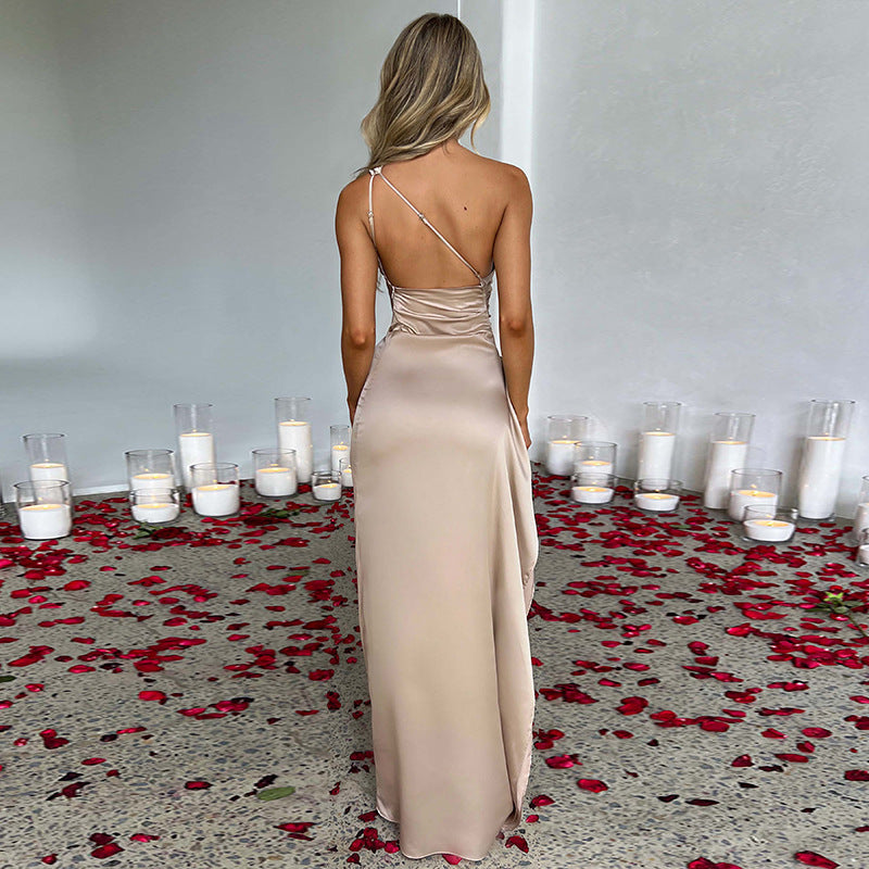Elegant Summer Satin Dress – One-Shoulder Backless Slit Design
