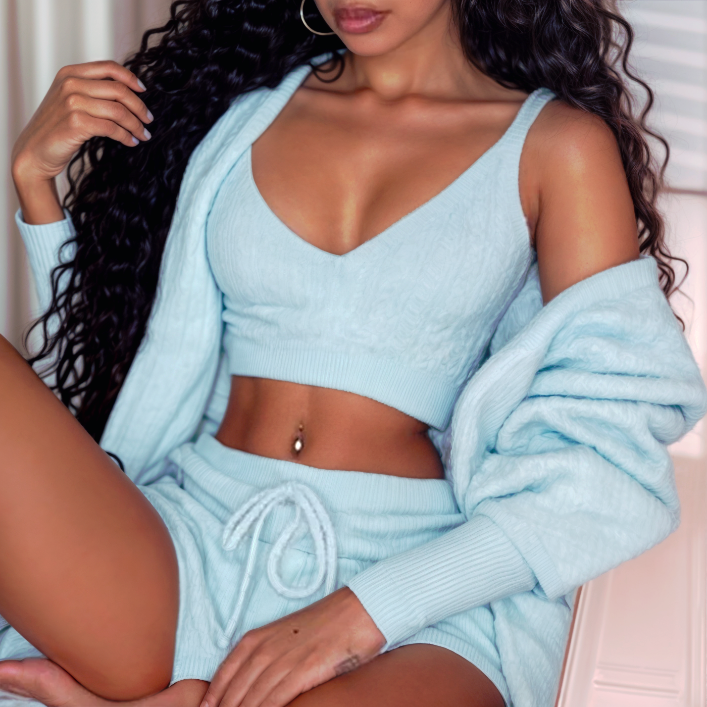 Women’s 3-Piece Lounge & Sleepwear Set – Long Sleeve Crop Top + Shorts