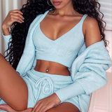 Women’s 3-Piece Lounge & Sleepwear Set – Long Sleeve Crop Top + Shorts