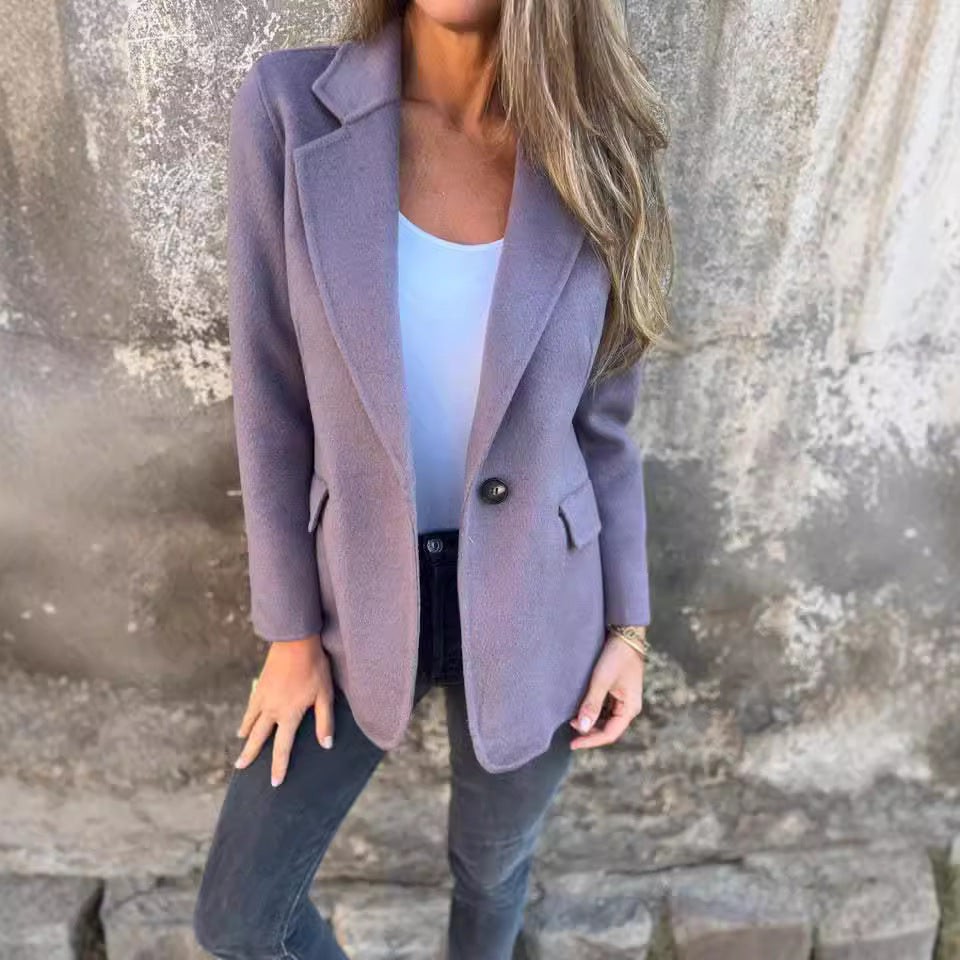 Women’s Short Button Blazer – Winter Lapel Commuter Jacket