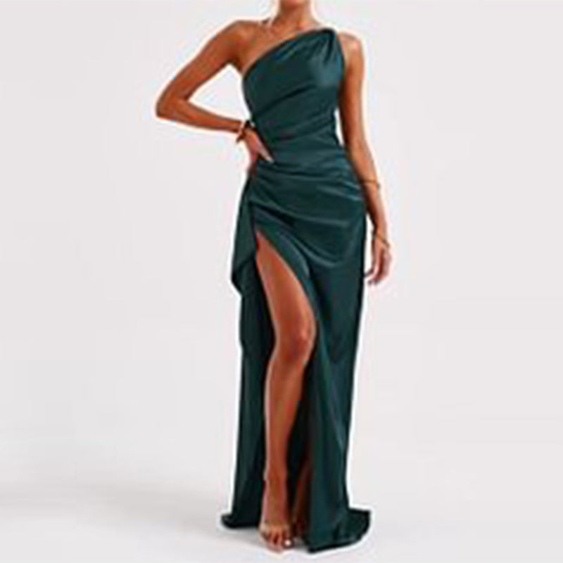 Elegant Summer Satin Dress – One-Shoulder Backless Slit Design
