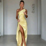 Elegant Summer Satin Dress – One-Shoulder Backless Slit Design